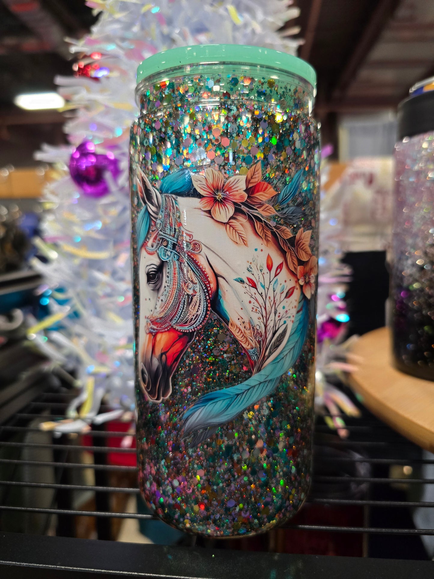 #38 16oz Teal horse snowglobe