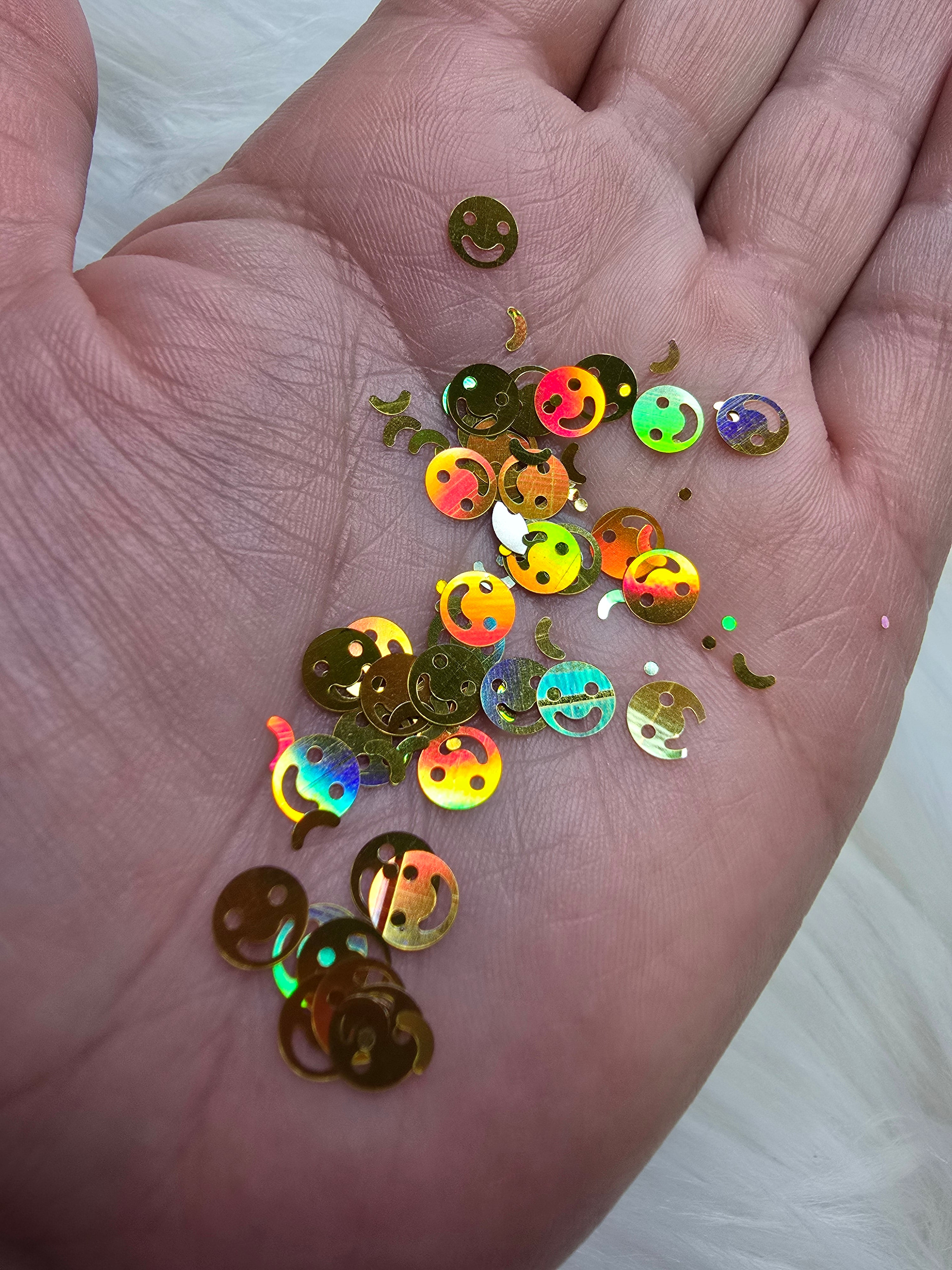 Gold Holographic Smiley faces – Running With Scissors Glitter