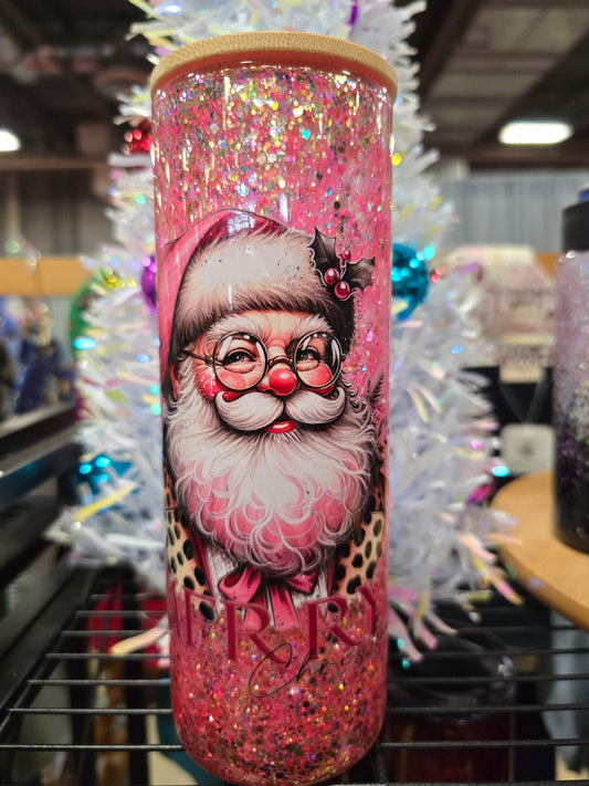 #48 20oz glass Pink Santa snowglobe