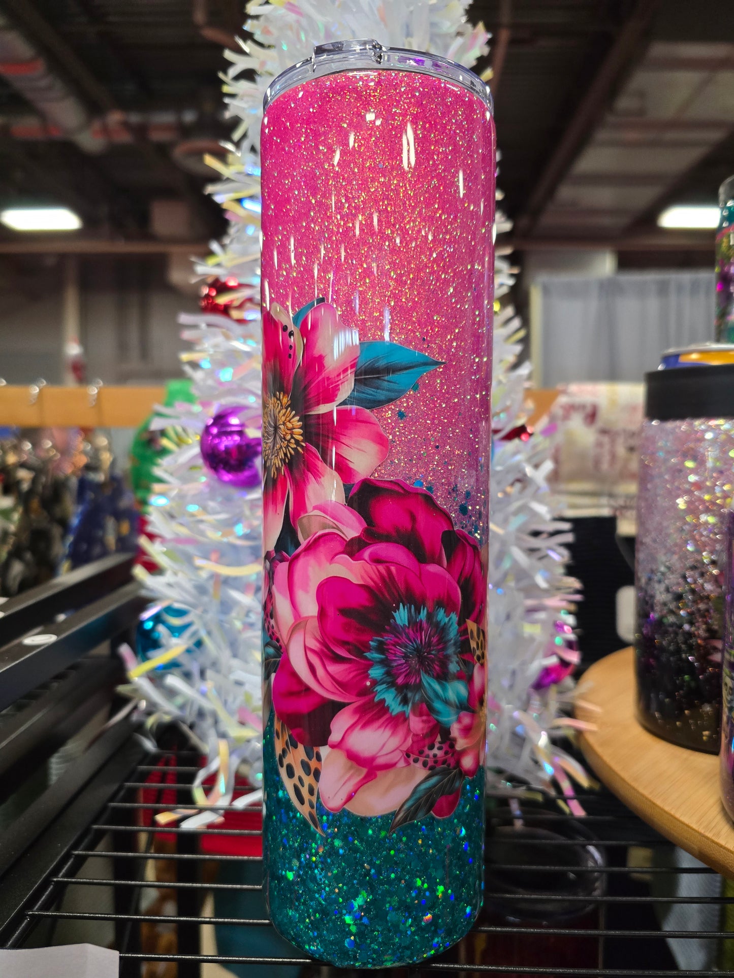 #13 32oz Pink Teal floral Tipsy